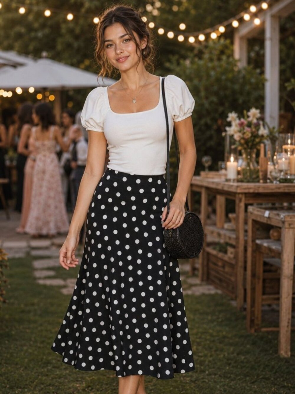 Vintage Handmade Black White Polka Dot Pull On Maxi Skirt Stretch Y2K Preppy
